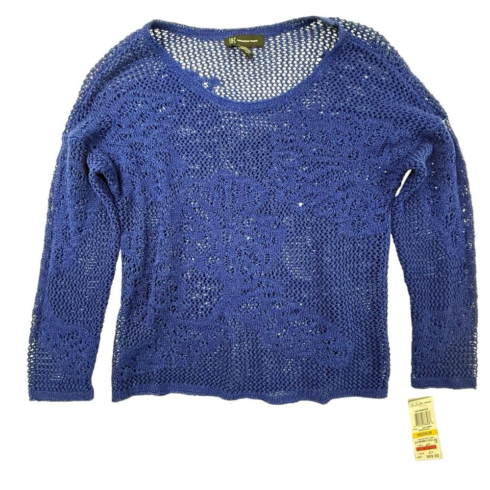 INC NEW Crochet Sweater Woman Medium Blue Linen Festival International Concepts